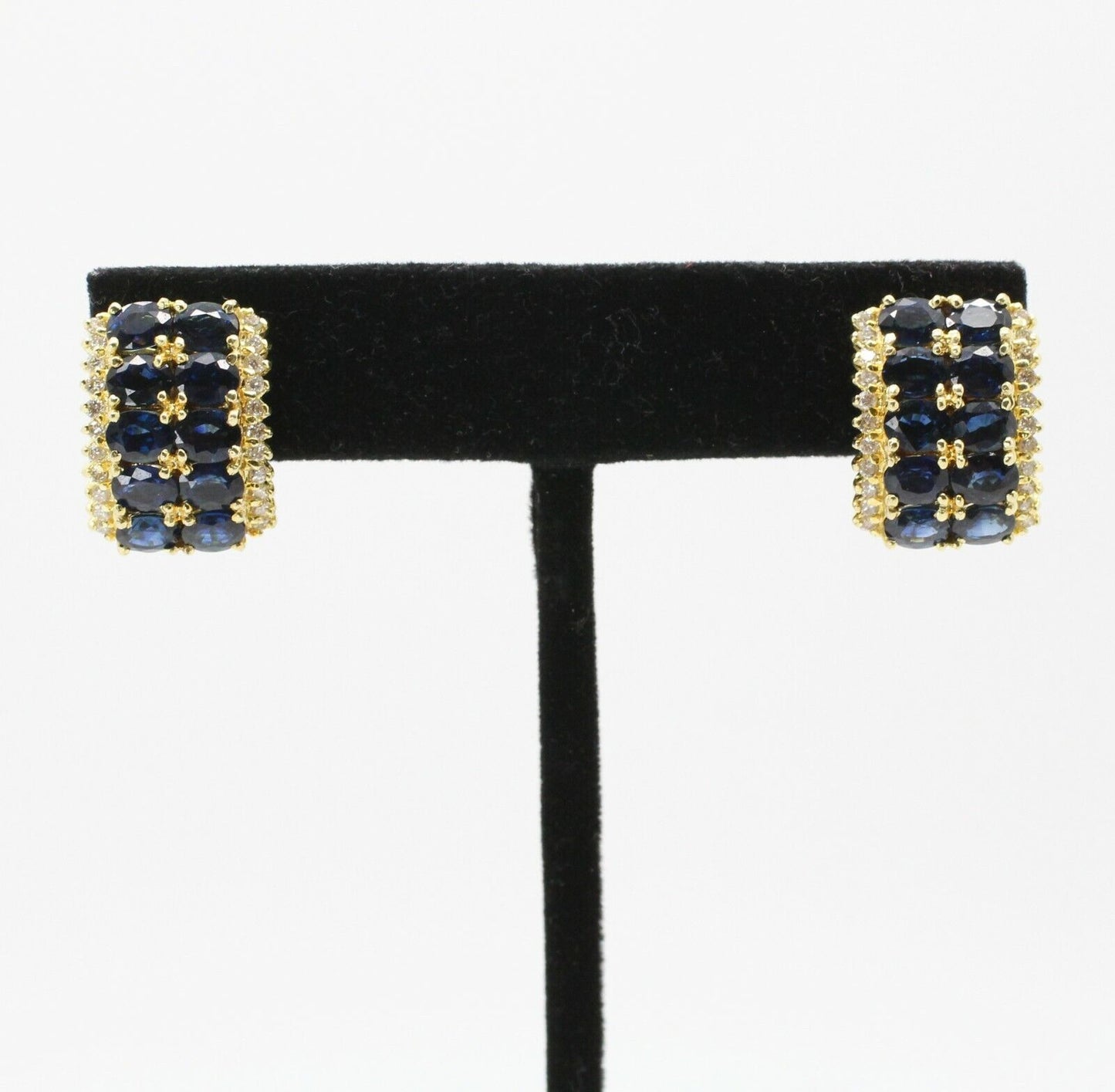 Oval Cut Blue Sapphire & Diamond Huggie Earrings Leverback in 14k Yellow Gold