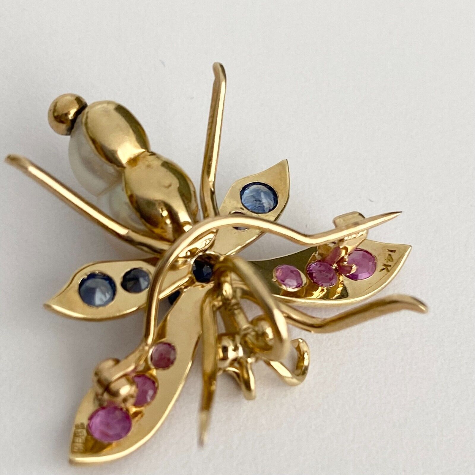 14k Gold Dragonfly Pendant Brooch Pin W/ Blue & Pink Sapphire & Pearl Butterfly