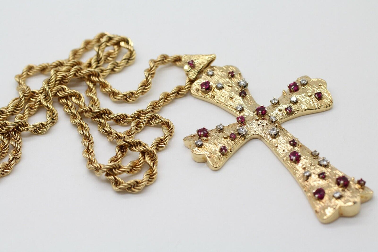 14k Yellow Gold Necklace/Cross Pendant With Diamond and Ruby 64.59gtw