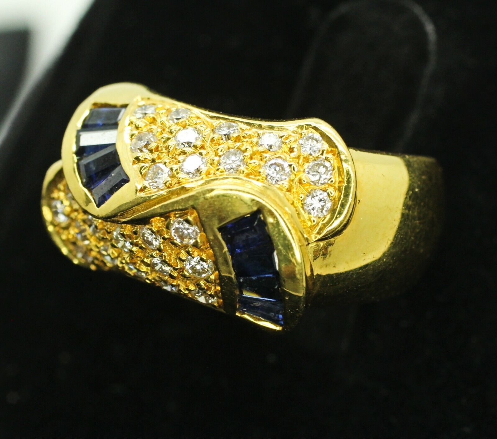 18k Yellow Gold Egyptian Inspired Pave Diamond & Tapered Blue Sapphire Ring