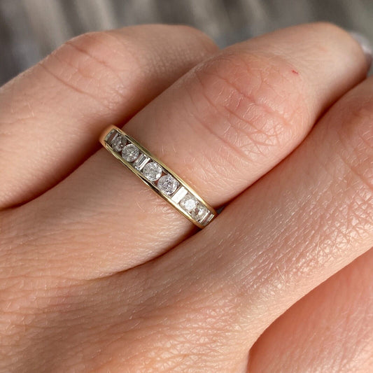 14k Yellow Gold Round & Baguette Cut Diamonds Half Eternity Band Ring