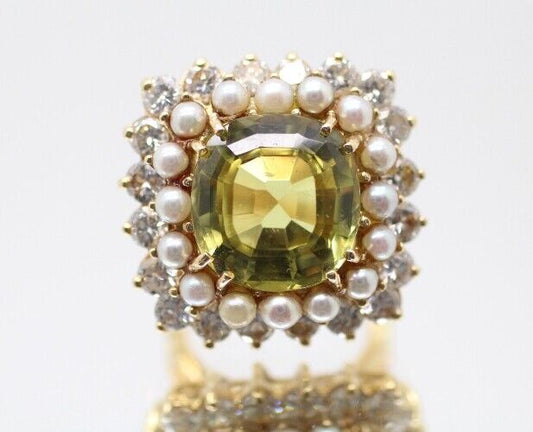 14k Yg Natural Chrysoberyl Greenish Yellow With Pearls and Diamonds Agl Cert 6us