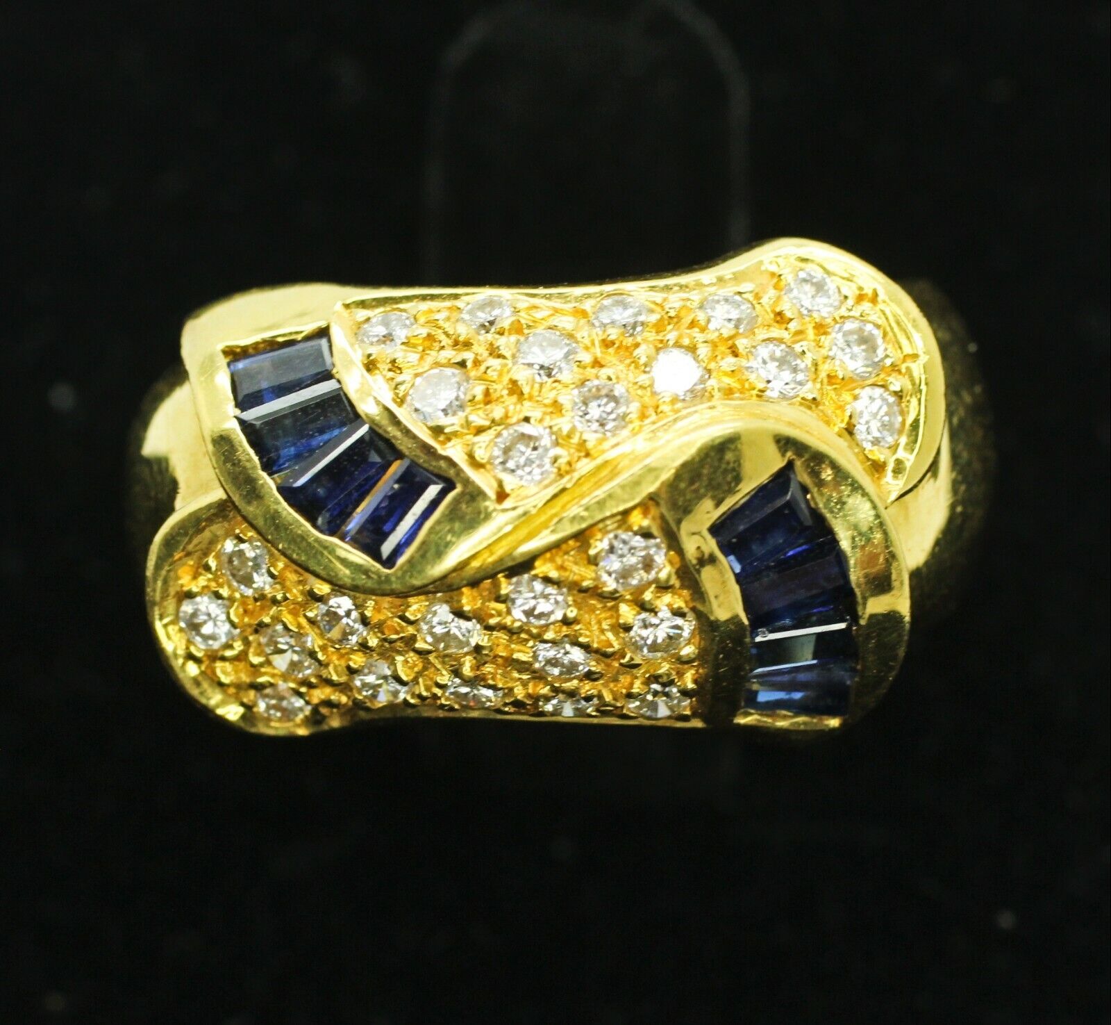 18k Yellow Gold Egyptian Inspired Pave Diamond & Tapered Blue Sapphire Ring