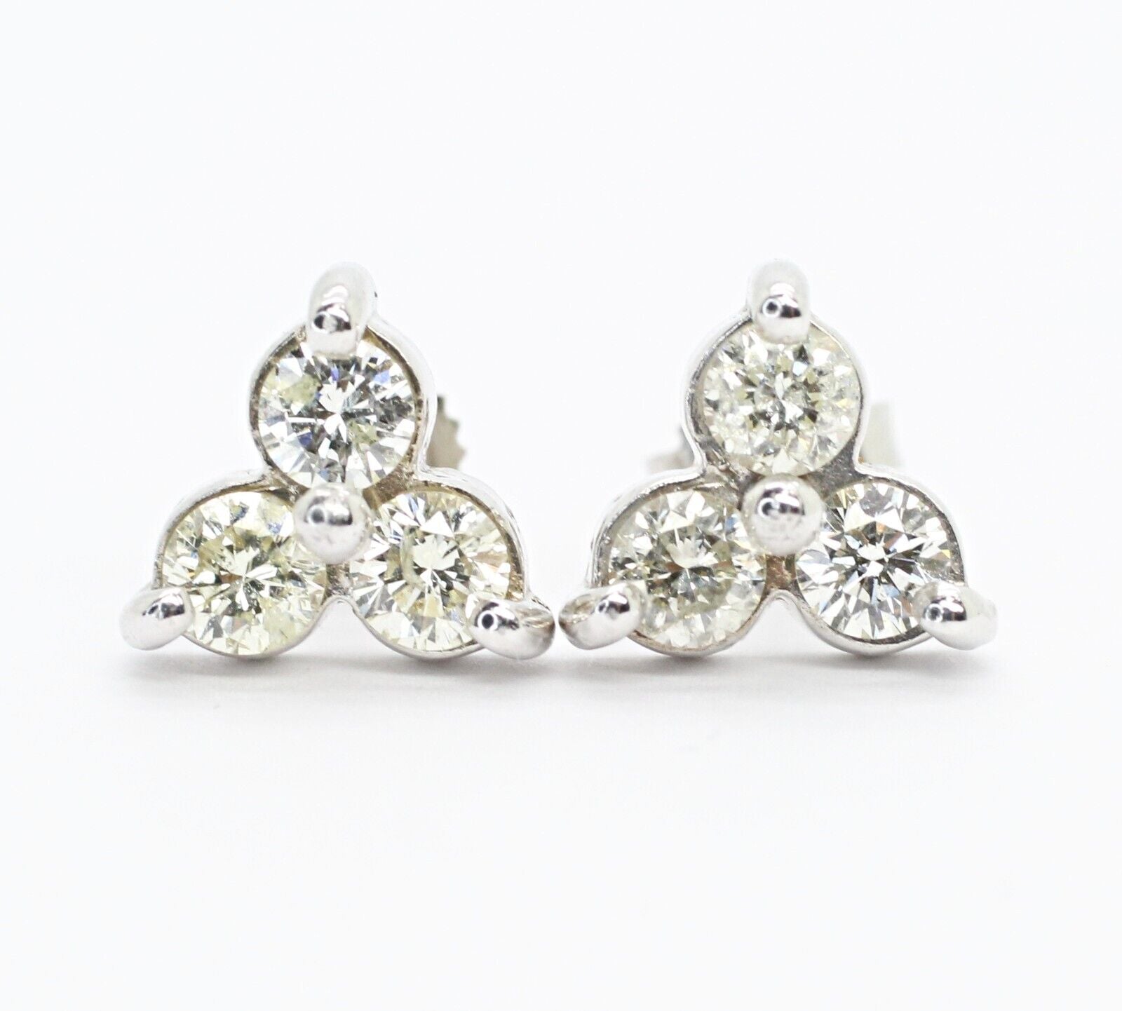 Diamond 3 Stone Stud Earrings 14k White Gold