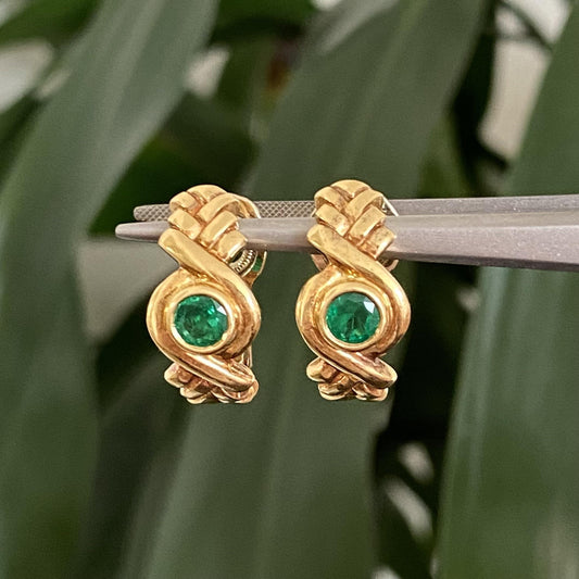 Vintage 1980's Fred Paris Clip on Earrings With Emeralds 18K Yellow Gold 10.68G